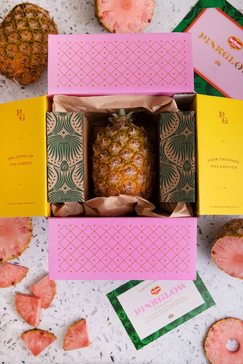 Born & Bred Designs Identity and Packaging for Pinkglow Pineapple Fruit Delivery, Growing Pineapple, Pink Head, Pink Pineapple, New Fruit, Valentines Day Presents, Pink Highlights, Pineapple Pattern, V Day