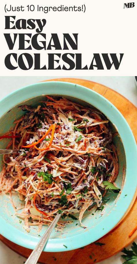 A vegan take on classic coleslaw salad made with 10 simple ingredients! Easy, crunchy, fresh, tangy, and the perfect side for BBQs, sandwiches, and more! Easy Vegan Coleslaw, Vegan Pulled Pork Sandwich, Classic Coleslaw, Vegan Pulled Pork, Vegan Coleslaw, Coleslaw Salad, Veggie Skewers, Minimalist Baker, Vegan Mayonnaise