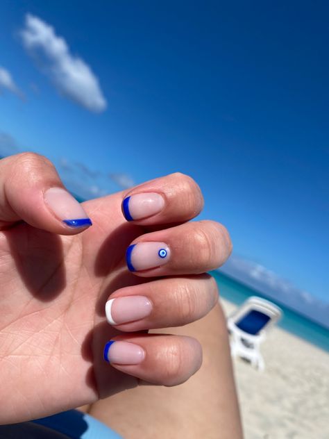 Greece Trip Nails, Short Nails For Greece, Short Greece Nails, South Africa Nails, Greece Nails Short, Greece Summer Nails, Nails Greece Vibe, Corfu Nails, Greek Nails Designs Blue