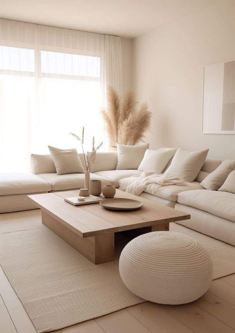 Lounge Setting Ideas Living Rooms, White And Caramel Living Room, Tv Wall Scandinavian Style, Boho Simple Living Room, Beige Sofa Aesthetic, Beige Interior With Pop Of Color, White Clean Living Room, Cream And Wood Living Room, White And Natural Wood Living Room