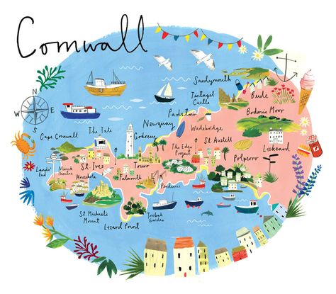 Map of Cornwall Cornwall Map, Devon And Cornwall, Cornwall England, Voyage Europe, Framed Maps, Map Art Print, Illustrated Map, Travel Maps, England Travel