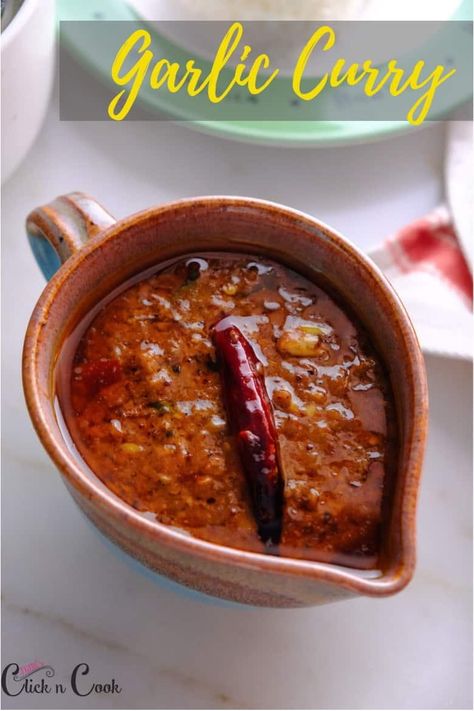 This south Indian Garlic curry recipe(poondu kuzhambu) infused with garlic & peppercorns with bright red colour has a symphony of flavours, tantalizing spicy and tangy lip-smacking delicious. I’m sure this garlic curry is going to be your family’s favourite! This garlic curry/ Poondu kuzhambu is recipe is my favorite childhood recipe from my Amma’s kitchen. I’m very much obsessed with garlic, so ultimately this curry has become my favourite one! The ingredients are so pantry friendly and Garlic Curry, Kulambu Recipe, Slow Cooker Times, Cooking Onions, Winter Cooking, Tray Bake, Veg Dishes, Curry Dishes, Chutney Recipes