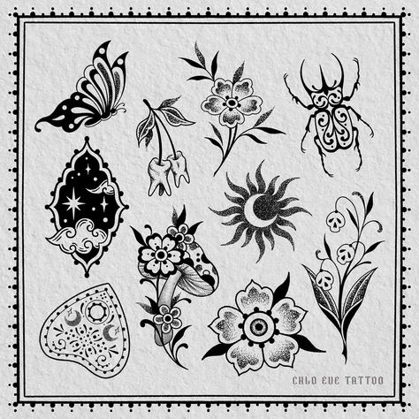 Halloween flash tattoos, insects, florals, mushroom, creepy #repeatable designs #leedstattoo #halloweenflash #tattooflash Halloween Tattoo Flash Sheet, Deadly Nightshade Tattoo, Nightshade Tattoo, Eve Tattoo, Halloween Tattoo Flash, Deadly Nightshade, Halloween Flash, Flash Sheet, Tattoo Flash Sheet