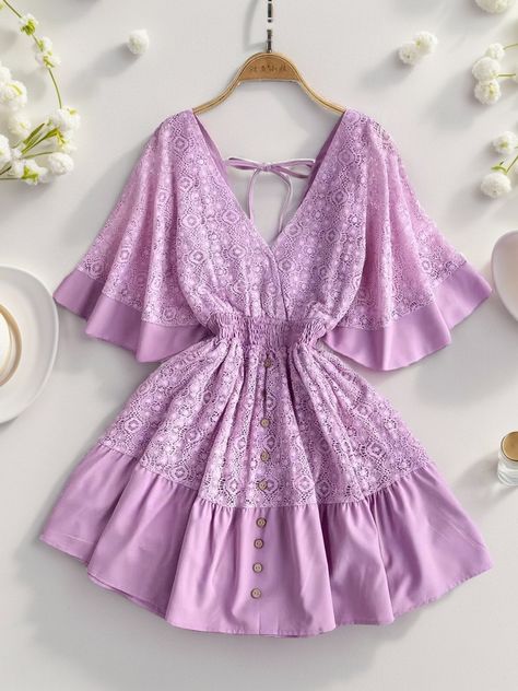 Features: Lace, Cutout, Smocked Sheer: Semi-sheer Stretch: No stretch Body: Lined Material composition: 95% polyester, 5% spandex Care instructions: Machine wash cold. Tumble dry low. Imported Size US Length Bust HIP Sleeve Length S 4 49.6 33.9 41.7 16.5 M 6/8 50.4 35.4 43.3 16.9 L 10 51.2 37 44.9 17.3 XL 12 52 38.6 46.5 17.7 Dress Design Art, Lace Cutout, Maxi Dress Cocktail, Maxi Dress Formal, Lace Mini Dress, Formal Evening Dresses, Mini Dress With Sleeves, Ruffle Dress, Half Sleeve