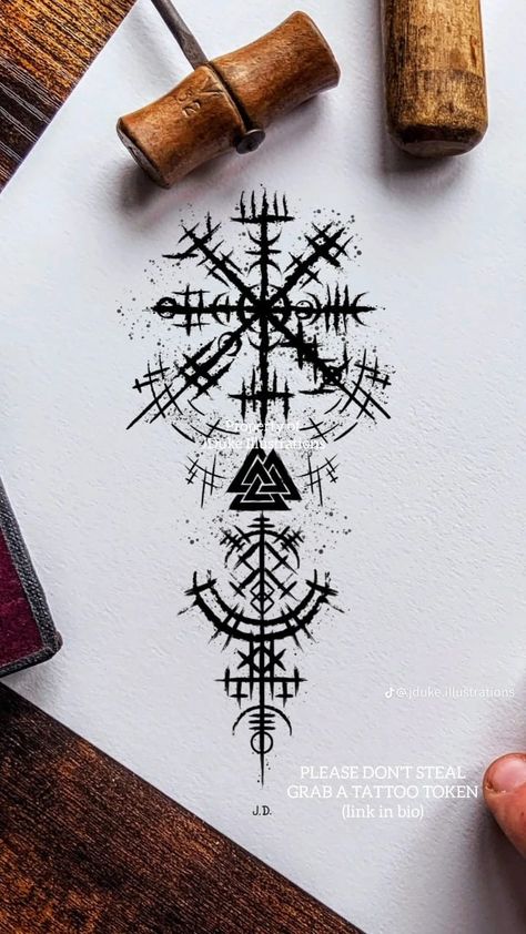 Viking Tattoo Design For Women, Destination Tattoos, Viking Paint, Nordic Viking Tattoo Design, Aegishjalmur Tattoo, Nordic Compass Tattoo, Asatru Tattoo, Odin Art, Valknut Tattoo