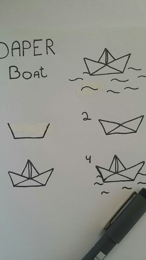 Paper Boat Drawing Simple, Paper Boat Drawing, Hp Doodles, Boat Doodle, Boat Drawing Simple, Coffee Doodles, Boat Sketch, Beginner Drawing Lessons, Coffee Doodle