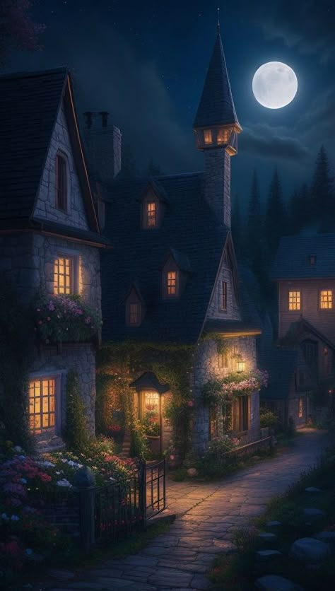 Night Village Aesthetic, Thomas Kinkade Wallpaper, Moon Village, Village At Night, Night Village, Cottage At Night, Thomas Kinkade Art, Thomas Kinkade Paintings, Kinkade Paintings