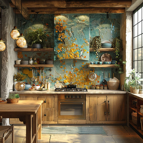 Merge hobbitcore, mermaidcore, and mustardcore in a cozy kitchen with earthy tones, oceanic textures, and vintage accents. Goblincore Kitchen, Earthy Kitchen, Goblincore Aesthetic, Aesthetic Kitchen, Black Bridal, Cozy Kitchen, Fantasy House, Kitchen Themes, Dream Houses