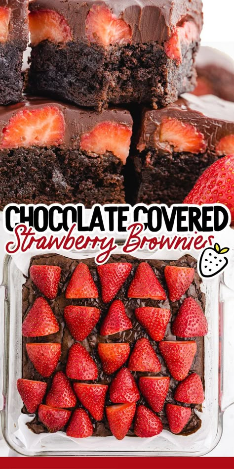 Chocolate covered strawberry brownies are a classic brownie with a strawberry surprise. At first glance, they might look like classic moist, gooey brownies with a crunchy, cracked top. But, when you take your first bite, you get the sweet and fruity taste of a fresh strawberry inside. Making these brownies just as irresistible as a chocolate covered strawberry. Chocolate Strawberry Desserts, Strawberry Brownies, Chocolate Covered Strawberry, Chewy Brownies, Easy Baking Recipes Desserts, Tasty Baking, Sweet Snacks Recipes, Delicious Snacks Recipes, Fun Baking Recipes