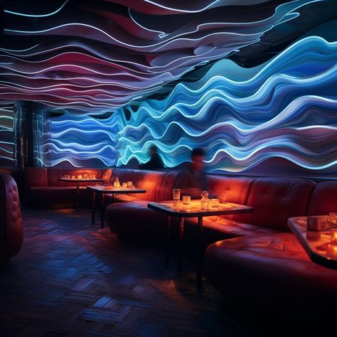 Futuristic Restaurant, Club Design Interior, Floating Restaurant, Club Lighting, Architectural Lighting Design, Nightclub Design, Pub Design, Futuristic Interior, Exhibition Stand Design