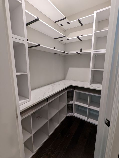 Corner pantry upgrade using storage cubes and shelving Pantry Upgrade, Pantry Corner, Diy Cube Storage, 8 Cube Organizer, White Bookcases, Corner Pantry, Storage Cubes, Cubby Storage, Time For Change