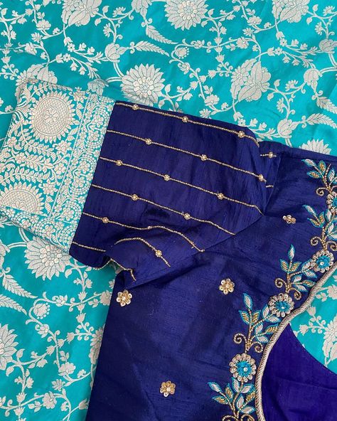 Sky Blue Pattu Saree, Blue Blouse Maggam Work, Blue Pattu Saree, Basic Blouse Designs, Floral Blouse Designs, Maggam Blouses, Blouse Maggam Work, Dark Blue Blouse, Model Blouse