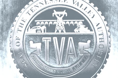 The seal of the Tennessee Valley Authority at its headquarters in Knoxville, Tenn., reads "Progress through resource development Tennessee Valley Authority, Rural Area, Tennessee, Electricity, To Create, The World