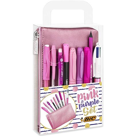 Pink Purple Party, Bic Pens, Erasable Gel Pens, Tout Rose, Pink Pens, Purple Set, Purple Party, Cute School Supplies, Pink Car