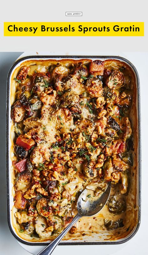 Cheesy Brussels Sprouts Gratin Recipe | Bon Appetit Cheesy Brussels Sprouts, Brussels Sprouts Gratin, Sprout Recipes, Brussels Sprouts Recipe, Vegetable Sides, Veggie Sides, Brussels Sprouts, Brussel Sprouts, Us Foods