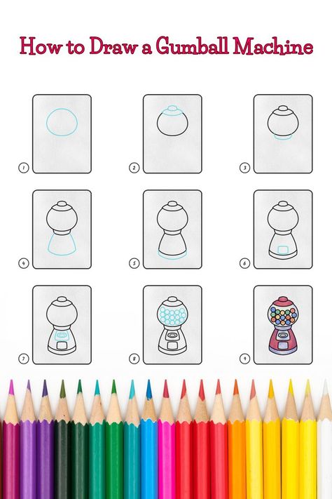 Draw gumball machine easy. | how to draw a gumball machine in 9 easy steps. | Follow along with each illustration to draw a how to draw a gumball machine. Perfect for kids who want to learn how to draw! Symbols Drawing, Canvas Shoes Diy, Basic Art Techniques, Steam Art, Draw Food, Learning Drawing, Doodle Art For Beginners, Easy Cartoon, Basic Art