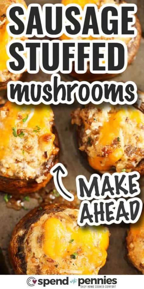 Stuffed mushrooms are so easy to make and can even be made ahead of time. These are an impressive side dish or appetizer, stuffed with cheese, sausage and onion filling, topped with more cheese and then baked until golden brown! We love this easy appetizer! #sausagestuffedmushrooms #stuffedmushrooms #appetizer #spendwithpennies Munchie Ideas, Salted Beef Recipe, Roasted Mashed Potatoes, Easy Stuffed Mushroom Recipe, Make Sausage, Mushrooms Stuffed, Stuffed Mushrooms Easy, Mushroom Recipes Healthy, Sausage Stuffed Mushrooms