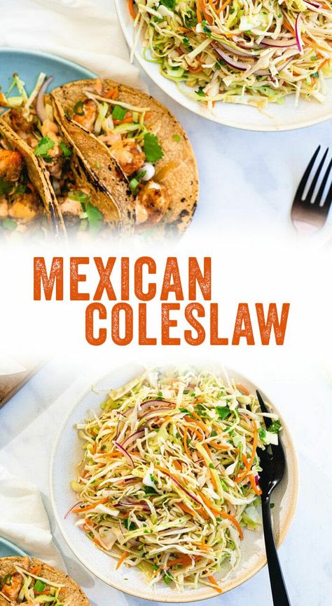 This easy Mexican coleslaw recipe is deliciously fresh and tangy, featuring cabbage, red onion, cilantro, and cumin. Perfect as a side or on tacos! #coleslaw #mexican #tacos #party #summer #sidedish #healthy #mealprep Tacos Coleslaw, Coleslaw Recipe No Mayo, Mexican Coleslaw Recipe, Yummy Coleslaw Recipe, Mexican Coleslaw, Best Cabbage Recipe, Meal Train, Coleslaw Recipe Easy, Salad Dressing Recipes Healthy