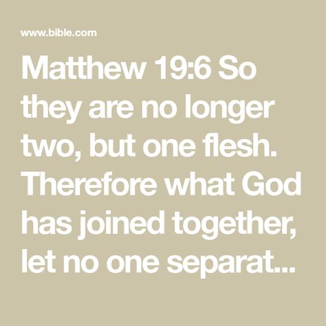 Matthew 19:6 So they are no longer two, but one flesh. Therefore what God has joined together, let no one separate.” | New International Version (NIV) | Download The Bible App Now No Longer Two But One, What God Has Joined Together, Matthew 19 6, Proverbs 2, Ready For Marriage, Niv Bible, Lord Of Hosts, Jesus Bible, Bible Teachings