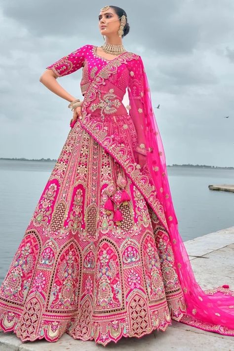 Rani Pink Embroidered Silk Bridal Lehenga Choli Rani Pink Bridal Lehenga, Lehenga Indian Weddings, Stage Decoration Photos, Double Dupatta, Bride Fashion Illustration, Pink Bridal Lehenga, Embroidered Bridal Lehenga, Khatli Work, Bridal Lehenga Online