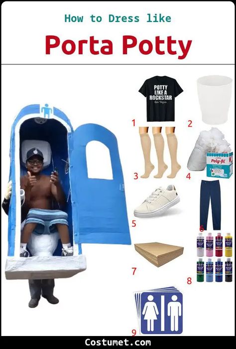 Porta Potty Costume Porta Potty Costume Diy, Painted Cardboard, Porta Potty, Bathroom Waste Basket, Cheap Sneakers, Toilet Sign, Cheap Pants, Cosplay Halloween, Waste Basket