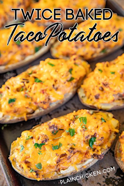 Taco Stuffed Potatoes, Taco Baked Potato Recipes, Taco Potatoes Casserole, Taco Baked Potato, Taco Potatoes, Mexican Chopped Salad, Taco Mexican, Potatoe Skins Recipe, Taco Toppings