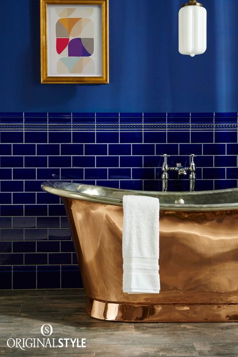 Wall Tiles by Original Style, Artworks Range, Royal Blue Half Tile with Mouldings. Add interest with classy mouldings, skirting boards and corner pieces. Nowadays these are more decorative than functional, adding an attractive transition between surfaces in your bathroom or kitchen. Lavabo D Angle, Double Ended Bath, Copper Bathtubs, Copper Bath, Copper Tub, Slipper Bath, Roll Top Bath, Standing Bath, Main Bathroom