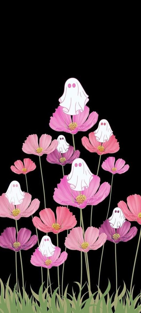 Spooky Spring Wallpaper, Ghost Fairy, Ghost With Flowers, Flower Ghost, Ghost Flower, Helloween Wallpaper, Pink Cosmos, Fall Backgrounds, Fairy Halloween