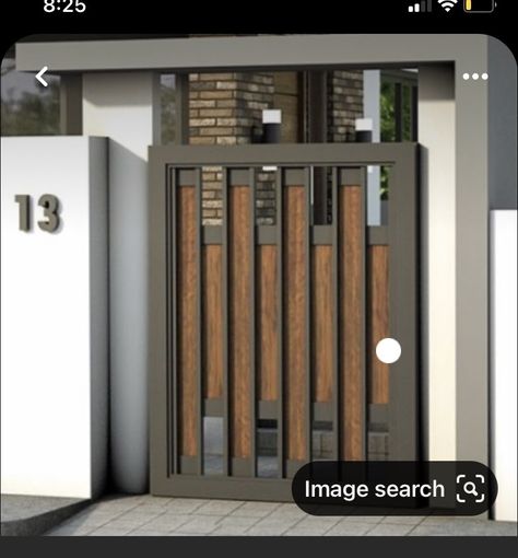 House Fence Design Metal, Fence Design Wood And Metal, Gate Designs Modern Steel, Wooden Gate Design Modern Entrance, Wooden Gates Ideas, Home Entrance Gate, Front Gate Design Modern, Modern Gates And Fences, Modern Front Gate Design