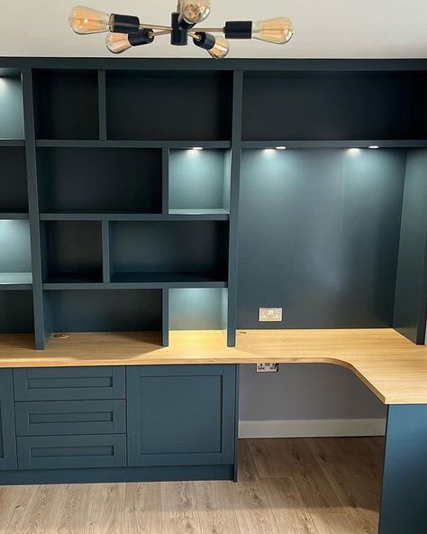 Cabinets With Desk In Middle, Home Office Cupboards Built Ins, Asymmetric Built Ins, Box Room Home Office, Fitted Office Furniture, Office Cabinet Design, Study Table Design, Window Seat Ideas, Home Office Layouts