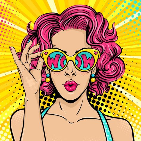 Pink Curly Hair, Surprised Woman, Pop Art Face, Pop Art Retro, Art Face, Comic Style, Colorful Background, Retro Comic, Open Mouth