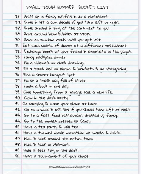 Illegal Things To Do Bucket Lists, Small Town Activities, Small Town Summer Bucket List, Teenager Bucket List, Small Town Date Ideas, Country Bucket List, Small Town Summer Aesthetic, Juniper Core, Rejection Therapy