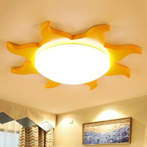 Sun Ceiling Light, Sun Light Fixture, Woodland Playroom, Light Cartoon, Modern Ceiling Lamps, Colored Ceiling, Yellow Sun, Metal Ceiling, Wood Acrylic