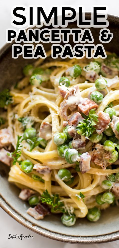 Panchetta Recipes, Pea Pasta, Pancetta Recipes, Pancetta Pasta, Pasta With Peas, Cream Pasta, Garlic Cream Sauce, Carbonara Recipe, Pea Recipes