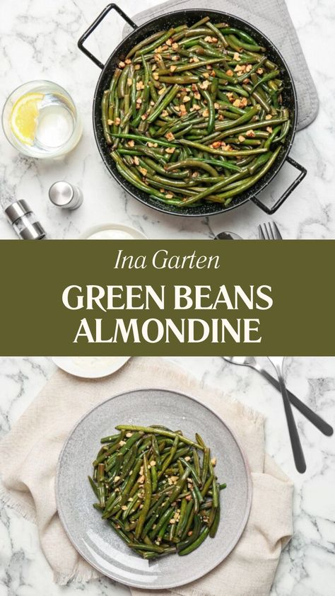 Ina Garten Green Beans Almondine Green Beans Ina Garten, Half Baked Harvest Green Beans, Ina Garten Green Beans, Garlic Lemon Green Beans, Green Bean Almondine Recipe, Fancy Green Beans, Blanched Green Beans, Green Beans With Shallots, Green Beans Almondine