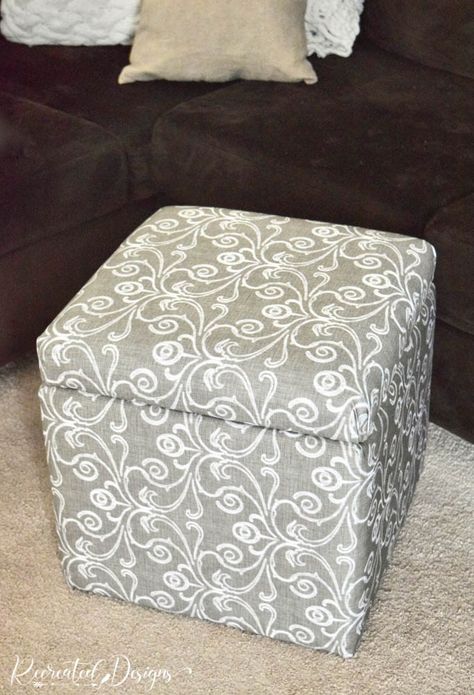 How to Recover a Storage Cube and Make it Look Better - Recreated Designs Recover Square Ottoman, Storage Cube Makeover, Storage Cube Ottoman, Recovering Chairs, Fabric Storage Cubes, Square Storage Ottoman, Fabric Storage Ottoman, Storage Stool, Wooden Cubes