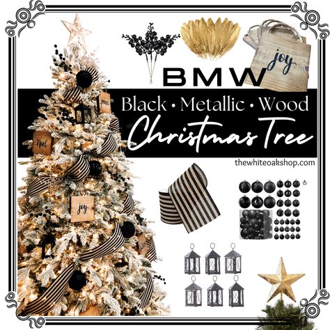 Black, Metallic and wood items for a Christmas tree Black And White Rustic Christmas Tree, Black And Natural Christmas Tree, Black Metallic Wood Christmas, Black And Wood Christmas Tree, Black Farmhouse Christmas Tree, Christmas Decor With Black Accents, Flocked Christmas Trees Decorated Black, Themed Christmas Tree Ideas 2023, Black White And Gold Christmas Tree