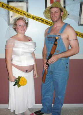 Pregnant Couple Halloween Costumes, White Trash Wedding, Pregnancy Costumes, Wild Wedding, Pregnant Halloween Costumes, Pregnant Bride, Prom Costume, Shotgun Wedding, Cowgirl Wedding