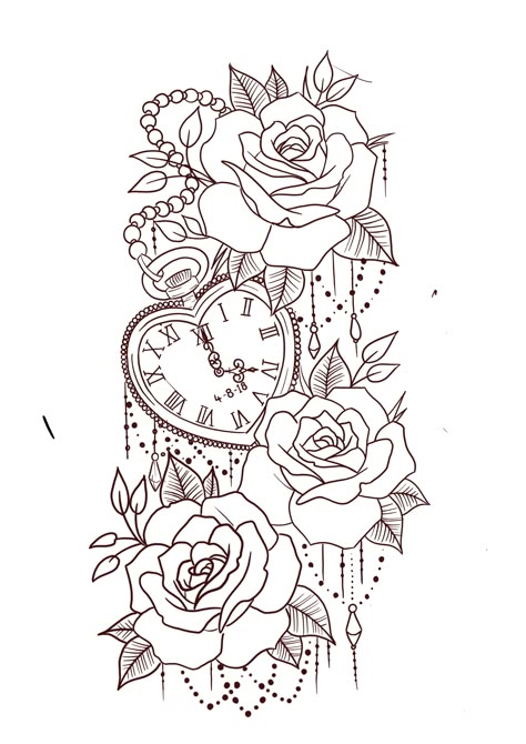 Arm Tattoo Outline, Sleeve Clock Tattoos For Women, Half Sleeve Ideas, Heart Clock Tattoo Design, Clock With Flowers Tattoo Design, Tattoo Stencils For Women, 2 Clocks And Roses Tattoo, Heart Clock With Flowers Tattoo, Tattoo Stencils Outline For Women