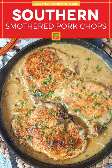 Southern Baked Pork Chops, 12 Tomatoes Recipes Southern Smothered Pork Chops, Smothered Porkchops Stovetop, Pork Chops Onion Gravy, Simmered Pork Chops, Pork Chops And Gravy Recipes, Smothered Pork Chops Southern, Smothered Pork Chops Bone In, Velvet Pork Chops