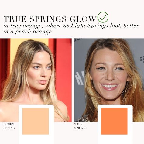 Light Spring VS True Spring comparison 🤍 . #coloranalysis #colouranalysis #lightspring #truespring #warmspring #margotrobbie #blakelively #coloranalyst Mrs Midwest Caitlin, Spring Vs Summer Color Analysis, Spring Color Analysis, True Spring Makeup, Warm Spring Palette, True Spring Color Palette, Light Spring Palette, Warm Spring Outfits, Light Spring Color Palette