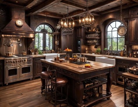 Steam Punk Kitchen, Steampunk Kitchen Ideas, Steampunk Kitchen Decor, Steam Punk Aesthetic, Interior Mansion, Futuristic Steampunk, Futuristic Kitchen, Small Mansion, Steampunk Kitchen