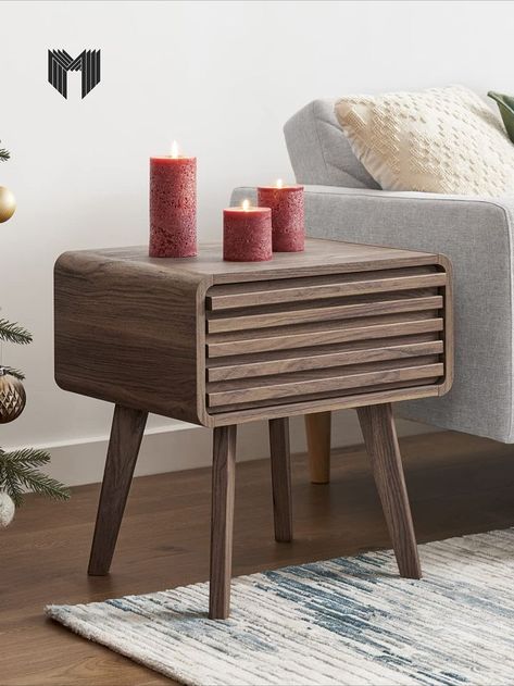 Slatted Door, Nightstand With Drawers, Storage For Living Room, Mid Century Modern Nightstand, Small Nightstand, Side Table With Storage, Modern Nightstand, Furniture Sofa, Table With Storage