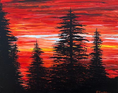 Sunset Art Painting, Ocean Sunset Painting, Painting Sunrise, Pine Tree Painting, Pine Tree Forest, Forest Silhouette, Hang Wall Art, Pine Trees Forest, Sunrise Painting