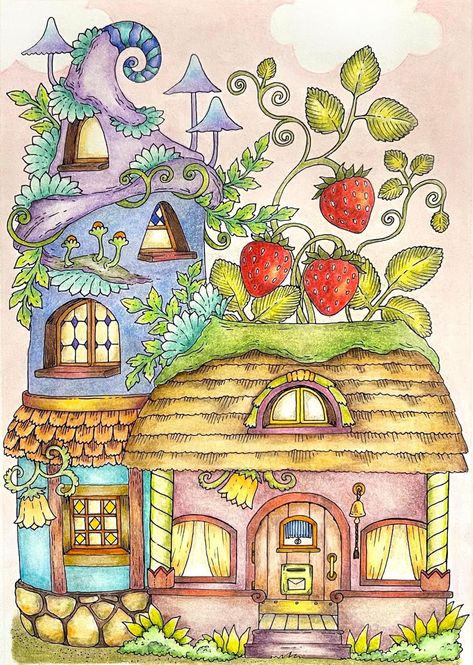 Fairy Cottage Drawing, Cottage Drawing Fairytale, Cute House Drawing, Whimsical Buildings, Nice Little Town Coloring Pages, Town Coloring Pages, Fairytale Drawings, Knitting Cartoon, Cottage Drawing