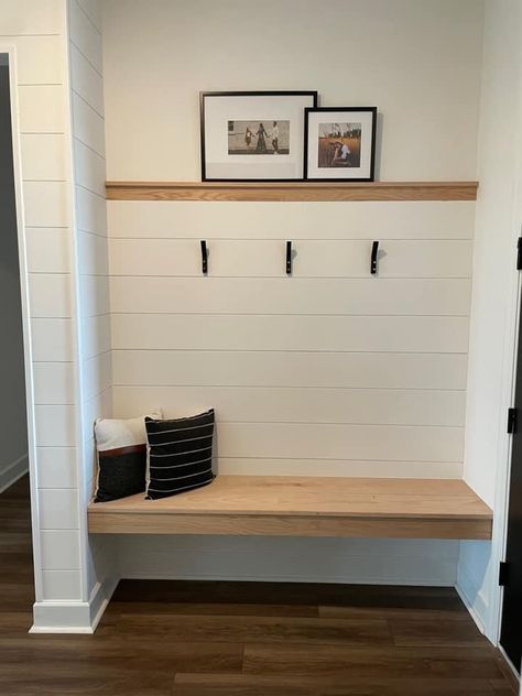 Shiplap Wall With Shelf, Closet Into Mudroom Entry Ways, Wall Nook Ideas, Mudroom Wall Ideas, Ikea Mud Room, Country Hallway, Shiplap Entryway, Wall Nook, Shelf Ledge