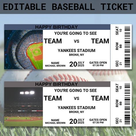 Baseball Game Ticket | Editable Baseball Ticket Gift | Birthday Baseball Ticket | Custom Fake Baseball Ticket | Gift For Baseball Lover Baseball Ticket Gift, Baseball Tickets, Game Ticket, Custom Tickets, Baseball Tournament, Gifts For Baseball Lovers, Baseball Ticket, Football Ticket, Game Tickets