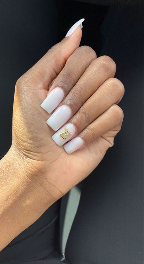 Simple Square Nails, Milky White Nails, Gold LV, Louise Vuitton Square Nails Milky White, Nails With Gold Charms, Simple Square Nails, Nails Milky White, Nails Milky, Milky White Nails, Louise Vuitton, Nails With Gold, Nail Charm