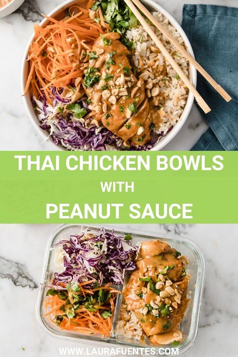 These Thai Chicken Bowls are the perfect healthy Asian take out recipe that’s also an easy chicken meal prep recipe for the week! @perduefarms #perdurfarms_partner Chicken Lunch Meal Prep, Easy Chicken Meal Prep, Homemade Peanut Sauce, Chicken Bowl Recipe, Healthy Asian, Thai Peanut Chicken, Chicken Bowls, Chicken Lunch, Chicken Rice Bowls