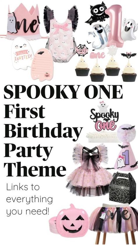 Halloween Spooky One 1st birthday party theme idea for girl. Decor and outfit inspo + more at link! Spooky One First Birthday Girl, Spooky One Birthday Party, Spooky One First Birthday, Girl Halloween Party, Spooky One Birthday, Spooky One, Birthday Girl, First Birthday, Birthday Party